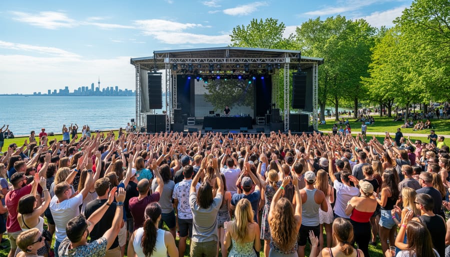 Festival crowd dancing outdoors at daytime electronic music event on Toronto Island