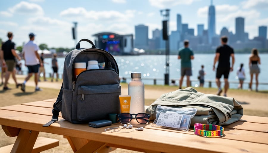 Overhead view of festival essentials including water bottle, sunscreen, and summer accessories