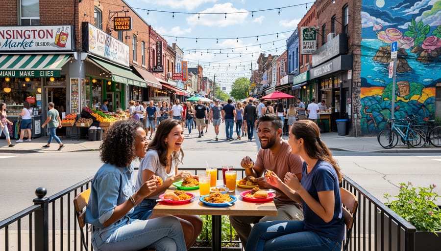 Friends enjoying shared street food at Kensington Market with colorful storefronts blurred in the background
