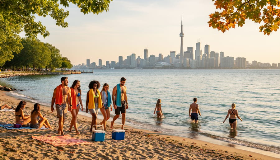 Group walking along the beach on Toronto Islands at golden hour with the city skyline blurred in the distance
