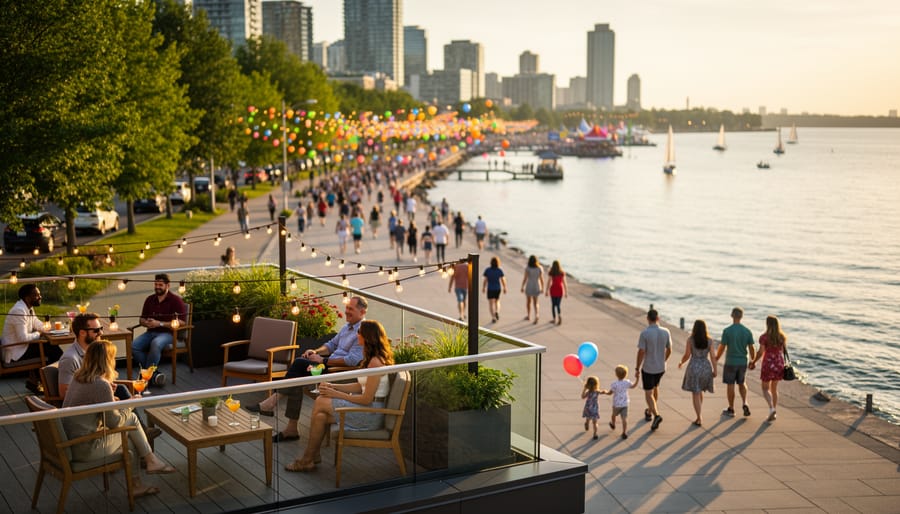 People enjoying a sunny Labor Day weekend along Toronto’s waterfront with a festive rooftop patio atmosphere in the foreground and summer city lights in the distance.