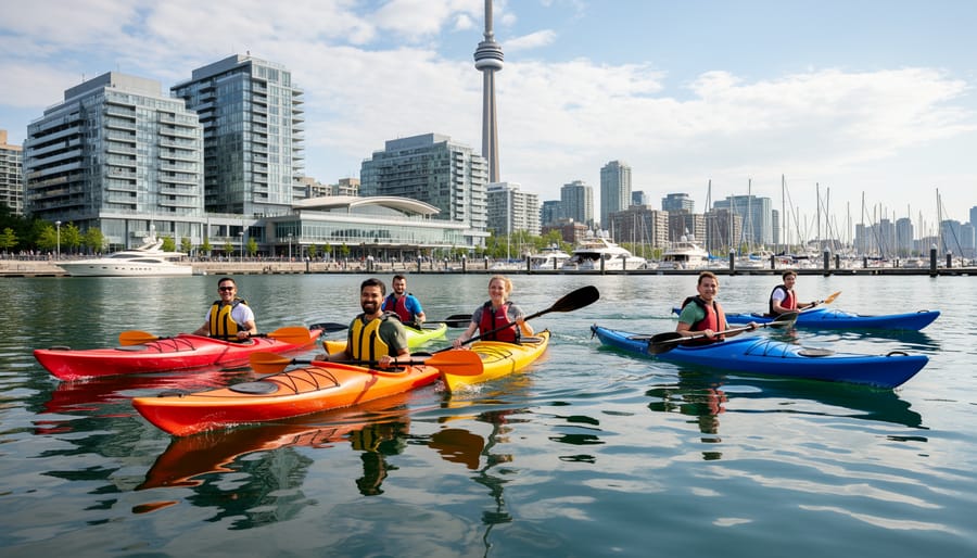 Person paddling a kayak on Toronto Harbour with rippling water and blurred waterfront in the background