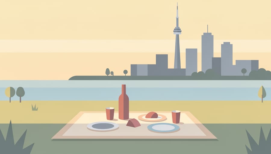 Picnic items on a blanket in a Toronto park with reusable water bottle, fruit, and sunscreen