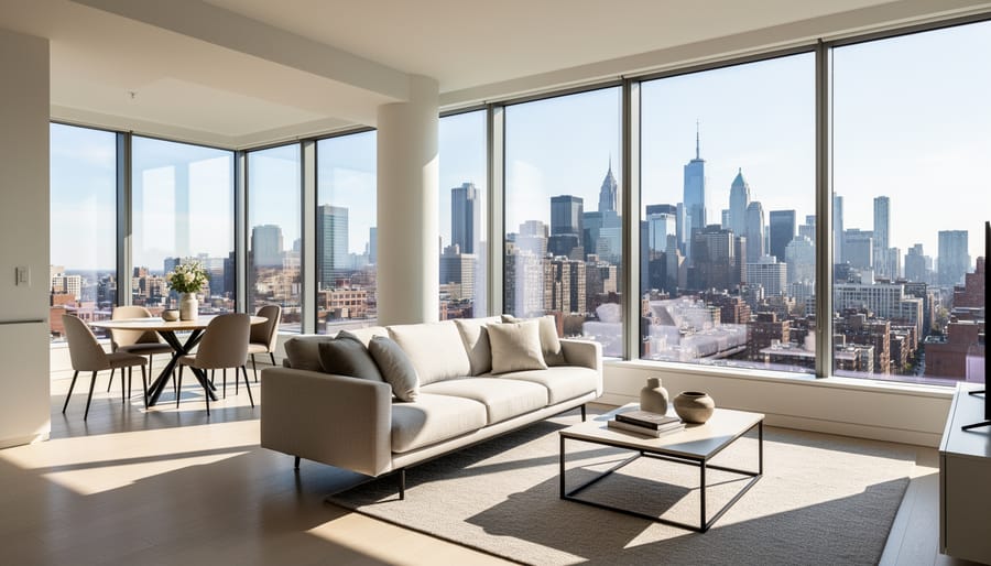 Bright condo living room with floor-to-ceiling windows and a view toward downtown