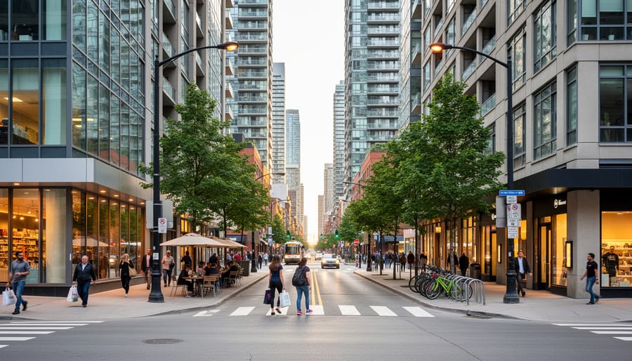 Downtown Toronto street at dusk with high-rise condominiums, storefront lights, and pedestrians walking