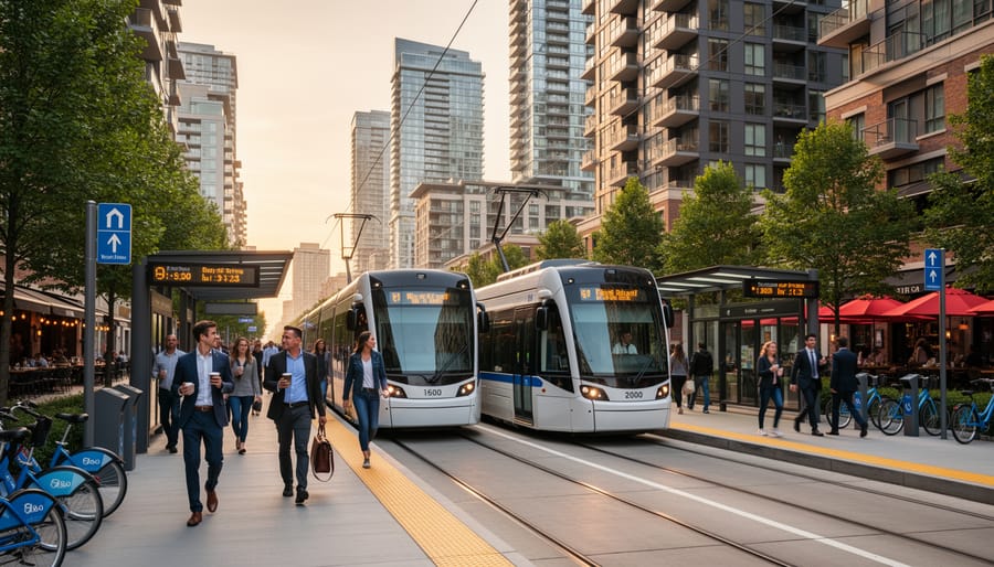 View of a downtown Toronto transit station entrance with commuters and a passing train
