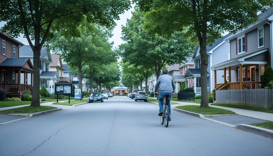Cyclist riding past a quiet Burlington neighborhood street lined with trees and homes, suggesting local community updates.