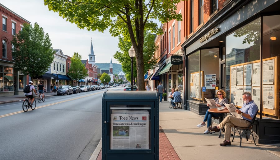 Cyclist approaching a local newspaper drop box on a Burlington street with storefronts and trees in the background