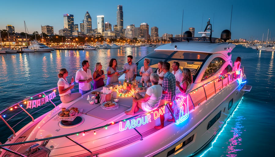 People wearing glow accessories enjoying a night cruise on a boat deck with neon lights