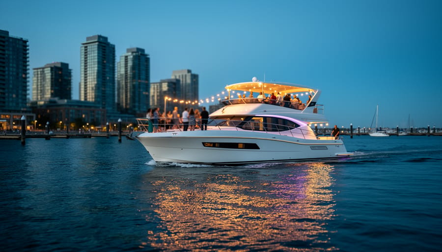 Nighttime view of an illuminated party boat cruising on Toronto harbor water with the skyline in the background.