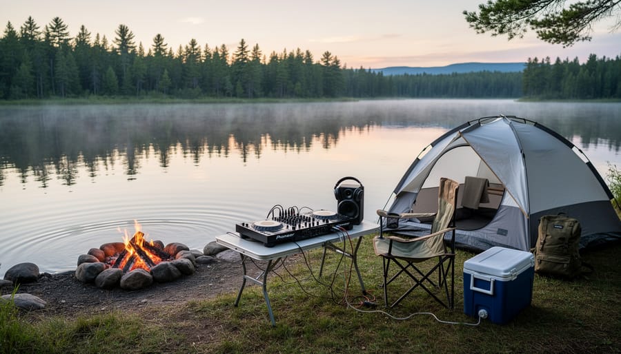 Camping setup at dusk with a lit lantern and tent beside a calm lake