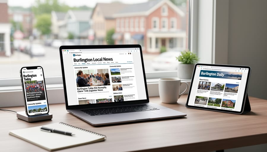 Tablet and blank notebook on a desk with coffee, suggesting modern local news production and consumption