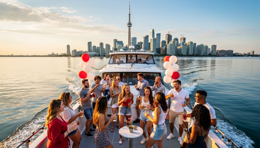 A party boat creating a wake on Toronto’s waterfront at dusk with city lights in the distance