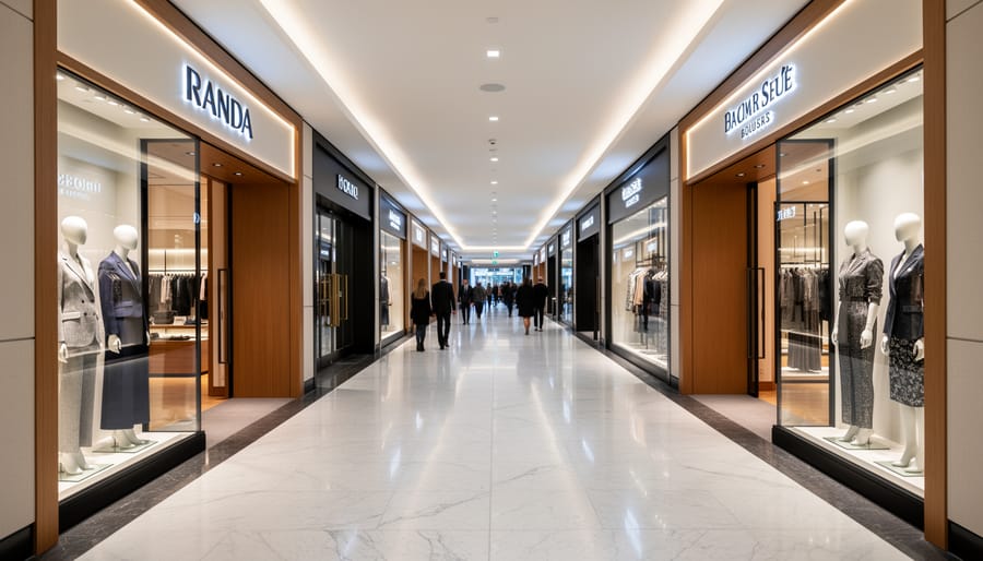 Luxury interior hallway at 77 Bloor Street West with shoppers and boutique storefronts.