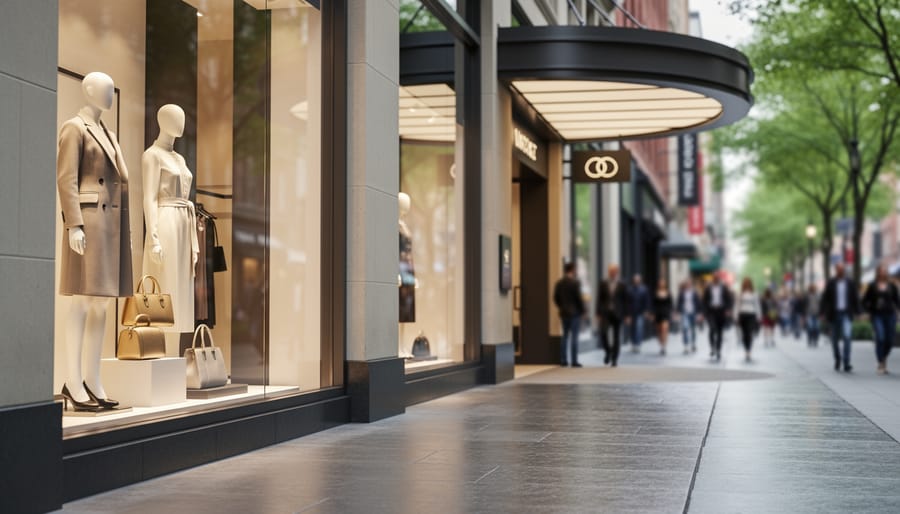 Eye-level view of a refined luxury shopping street in Toronto with upscale boutique storefront windows, fashion window displays, and soft daylight reflections.