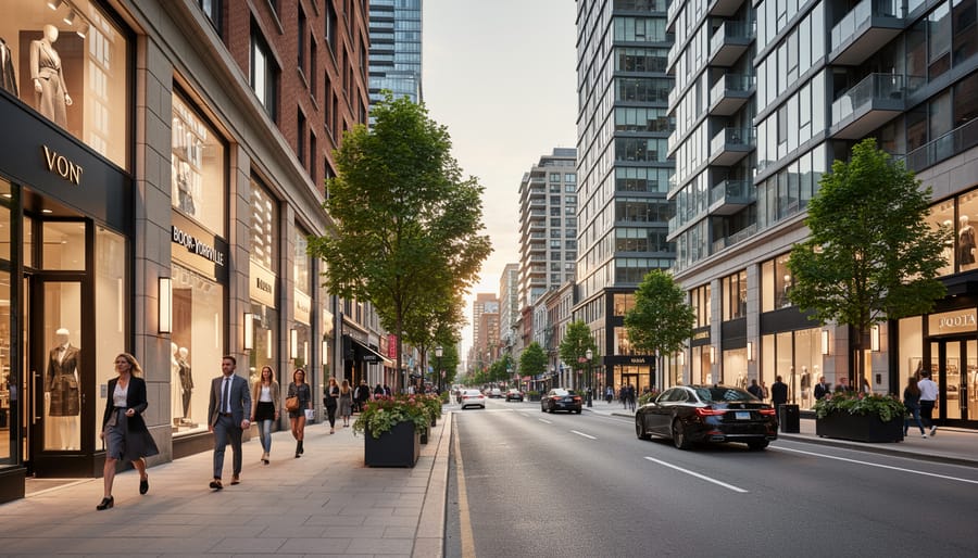 Wide street view of Bloor-Yorkville with luxury storefronts and pedestrians.