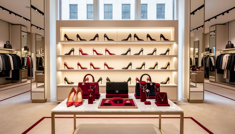 Close-up of Christian Louboutin red-soled shoes and accessories on display.