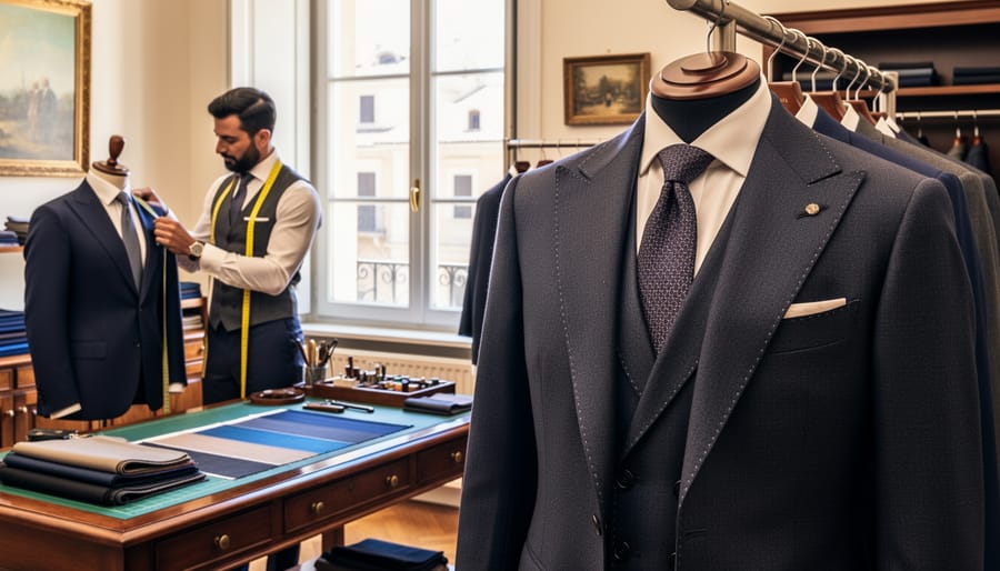Menswear boutique display with neatly hung suits and tailoring details inspired by Isaia.