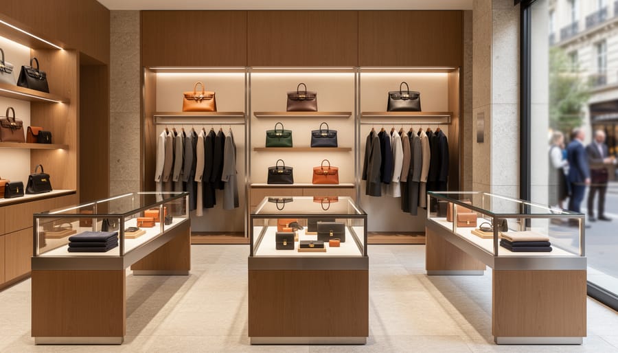 Interior view of a Louis Vuitton boutique with luxury handbags on display.