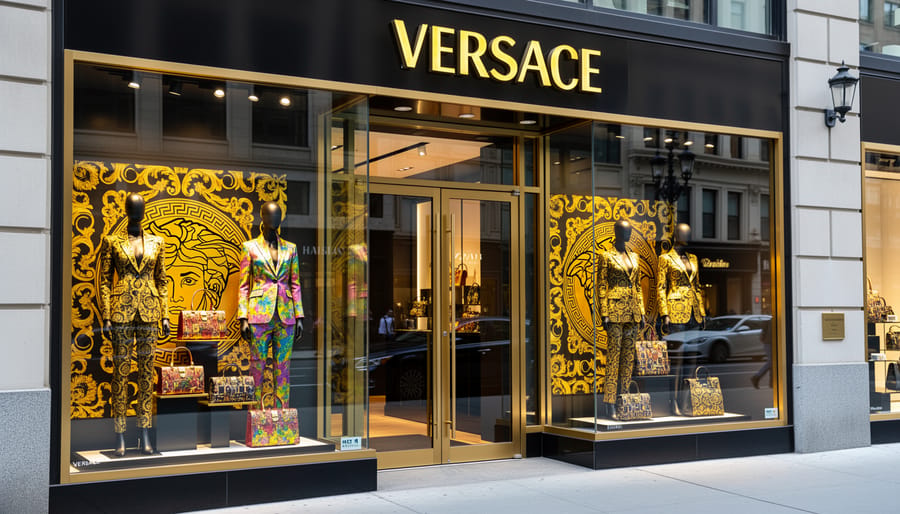 Versace boutique window display with bold fashion accessories and stylish presentation.
