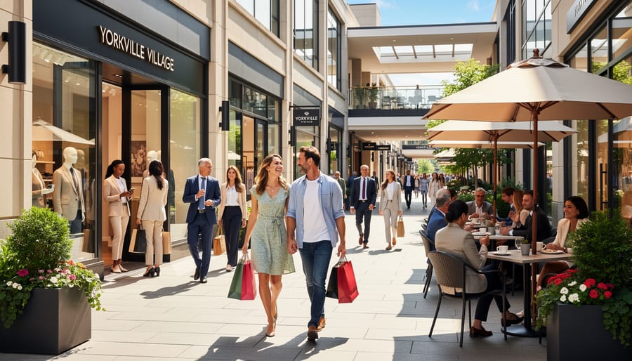 People strolling through Yorkville Village storefront area with café patio ambiance.
