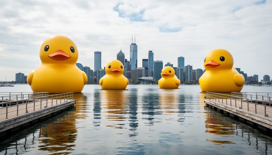Five giant yellow rubber ducks towering over Toronto’s waterfront near the harbor skyline under an overcast sky.