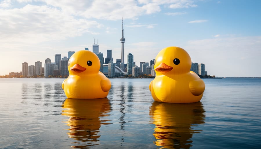 Giant yellow rubber ducks near a waterfront railing in Toronto under overcast daylight.